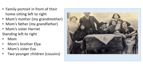 Family portrait in fron of their home including debbie's mother, father, her mom's sister Harriet, her mom, mom's brother, Elya and mom's sister, Eva with 2 younger cousins